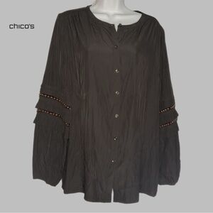 Chicos Black Button down Top Lg Sleeve with Beads and Fringe Sz 2 Large